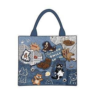 尼睿新款原创单肩包牛仔印花通勤手拎包可爱狗狗帆布包女礼物Q186