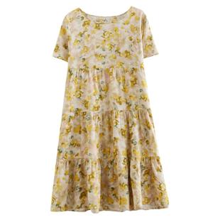 棉麻连衣裙2025新款夏季流行女装宽松大码中长款麻棉碎花遮肉裙子