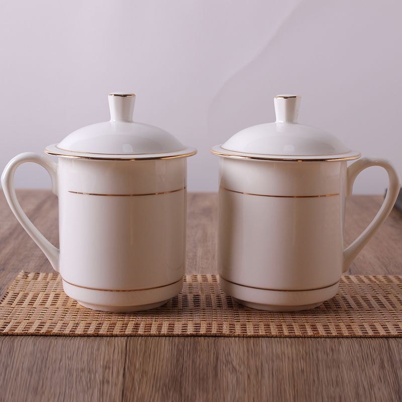 新款直销唐山骨瓷会议盖杯描金杯陶瓷办公水杯茶杯广告礼品可印制