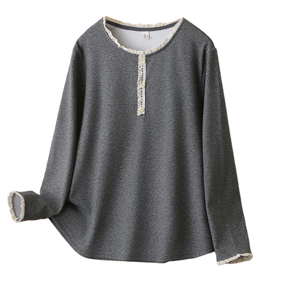 中老年胖妈妈加绒花边领打底衫