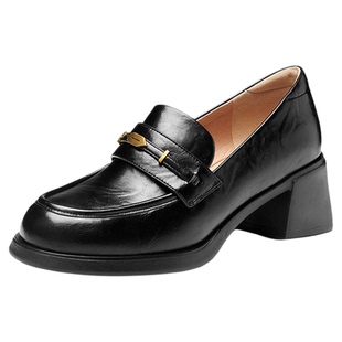 色非高跟乐福鞋女款2026新款春季粗跟厚底单鞋英伦jk一脚蹬小皮鞋