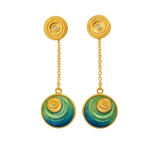 老庙黄金足金999事事金安古法青绿珐琅山海金涟漪耳钉薄荷曼波风