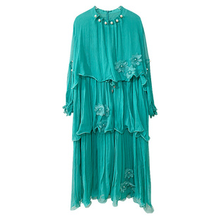 真丝桑蚕丝连衣裙女高级感轻奢假两件宽松收腰显瘦中长款沙滩裙子