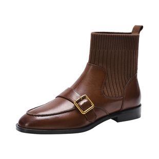 MILLIE'S/妙丽英伦复古方扣短靴女秋冬针织拼接瘦瘦靴百搭马丁靴Q