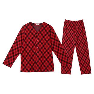 仕乐男士家居套装提花格子睡衣女春秋家居服可外穿红色本命年马年