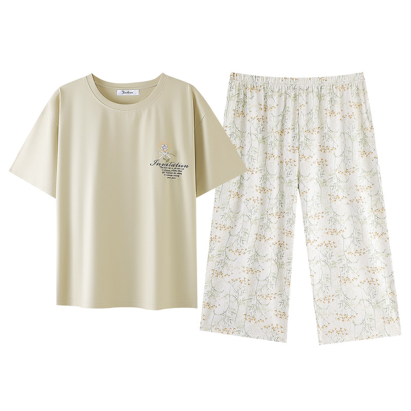 睡衣女夏季短袖七分裤纯棉拉架薄款棉质宽松夏天家居服两件套装
