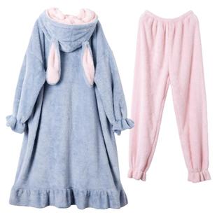 Bananagirl珊瑚绒睡衣女秋冬可爱连帽加厚大码长款睡袍套装家居服