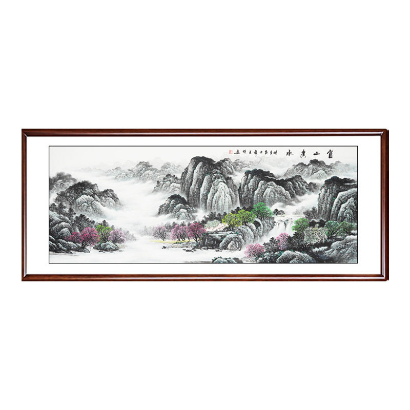 富山贵水纯手绘带框真迹客厅挂画