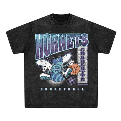 夏季新款米切尔美式复古纯棉宽松短袖vtg洛特黄蜂水洗舒适印花T恤