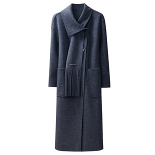 安可拉红双面呢羊绒大衣女中长款秋冬新款法式气质围巾款毛呢外套