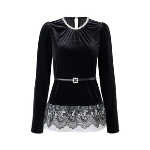 MAXRIENY复古赫本风丝绒衬衫蕾丝花边收腰上衣25秋款法式优雅长袖