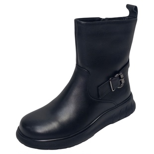 宽胖脚肥大码女鞋41-43头层牛皮棉靴2025冬款低跟中筒靴16020-11