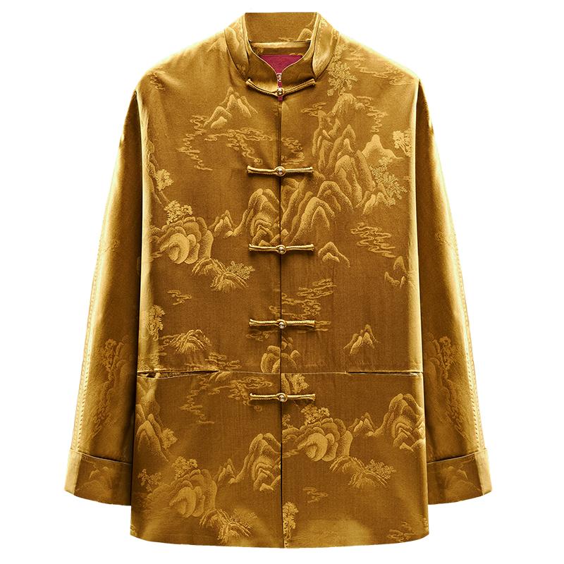 高端中老年唐装男中式真丝香云纱春秋外套中国风立领盘扣休闲上衣
