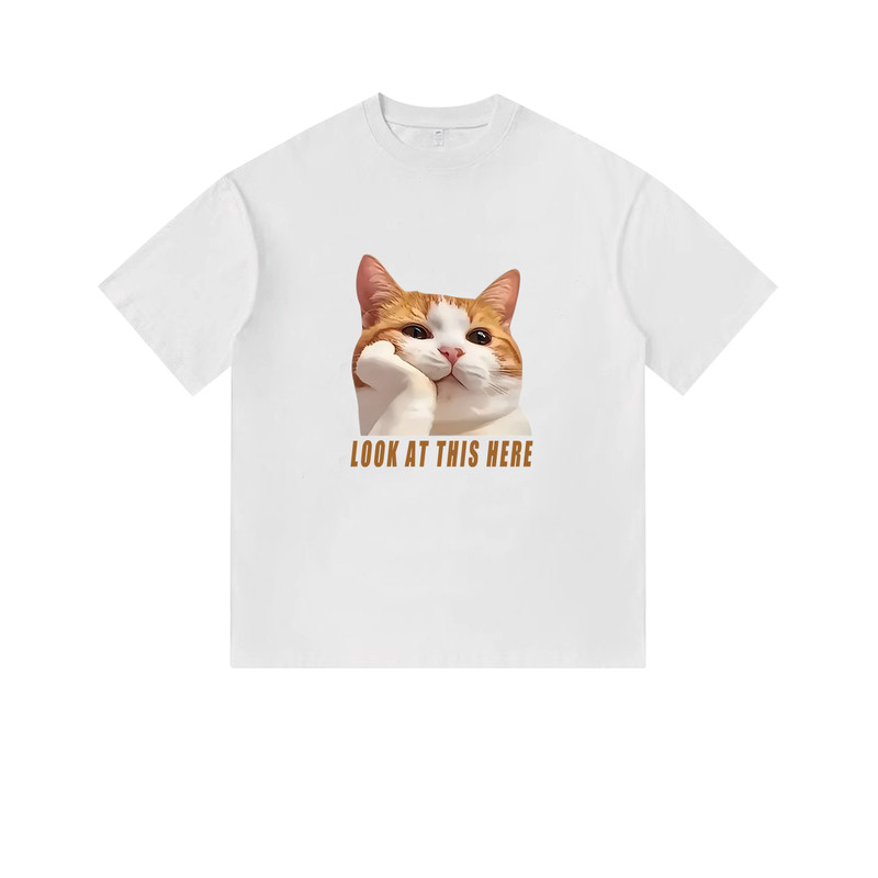 可爱橘猫托腮表情包T恤衫小众设计直喷印花美式街头纯棉短袖男装