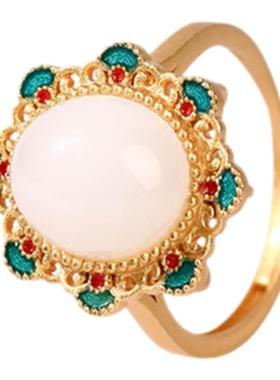 抖音快手直播热卖民族风古法镀金仿玉石戒指女玫瑰花香活口金色食