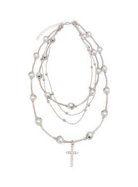 甜酷多层叠戴珍珠十字架项链