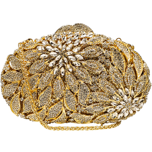 镶钻金色晚宴手拿包花朵闪亮小包包女新中式旗袍礼服搭配高级手包