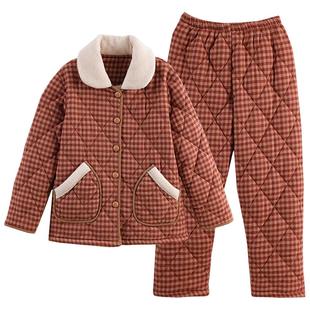 睡衣女冬季三层加厚加绒梭织纯棉夹棉袄秋冬款珊瑚绒高级感家居服