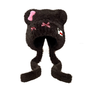 猫咪蝴蝶结小熊耳朵毛绒帽女冬季加厚保暖护耳帽新款针织雷锋帽子