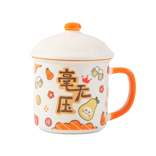 陶瓷杯复古马克杯带盖大容量家用仿搪瓷杯带盖大容量创意喝水杯子