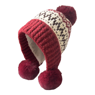 加绒红色毛线帽女冬加厚保暖护耳帽子费尔岛风防寒可爱毛球针织帽