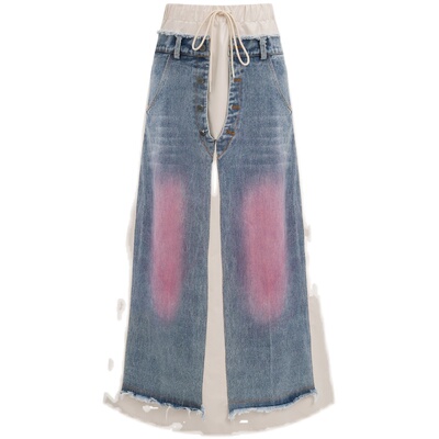 运动感面料拼接粉色牛仔长裙