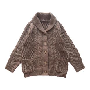 日本高级灰纯色青果领纯羊毛开衫毛衣麻花纹北欧风粗棒针毛线外套