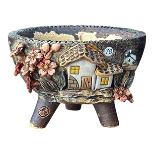 青藤多肉花盆手捏粗陶透气肉肉手绘花盆群生碗型陶瓷复古装饰韩式