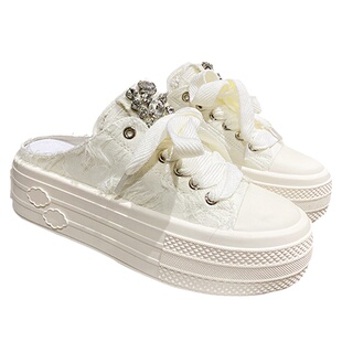 水钻装饰系带包头乞丐半拖鞋女外穿2025年新款一脚套厚底帆布凉拖