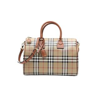 【自营】BURBERRY/博柏利女士格纹牛皮革单肩斜挎手提包波士顿包