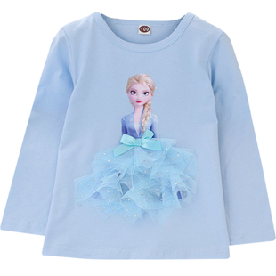 爱莎公主棉T恤小女童美人鱼春秋季长袖打底衫冰雪奇缘秋款薄上衣5