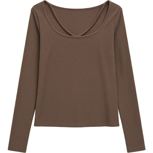 DM100大码百分百女装微胖mm冬季设计感U领弹力修身针织衫打底T恤