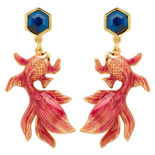 Juicy Grape红色锦鲤耳夹女手工珐琅蓝色宝石耳坠可爱耳环礼物潮