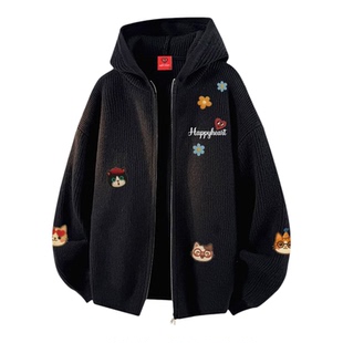 查尔斯桃心小猫花卉印花开衫毛衣男女冬季新款长袖情侣针织外套潮