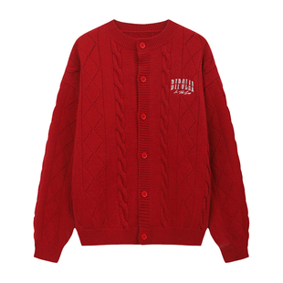 BIPOLAR基础刺绣绞花开衫毛衣休闲圆领慵懒感长袖外套男情侣款秋