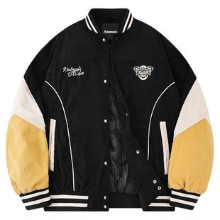 Kawasaki川崎90鸭绒美式复古学院刺绣保暖灯芯绒棒球领夹克羽绒服