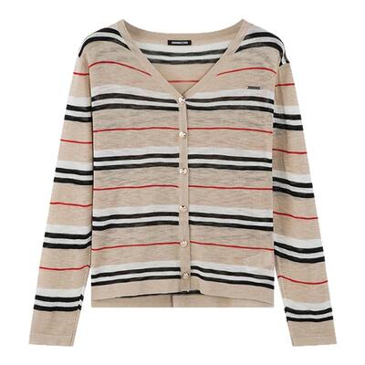 i.t GROUNDZERO2025秋款V领毛体休闲条纹衣针织衫女长袖开衫上衣