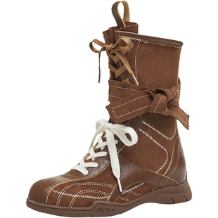 天美意复古赛车拳击靴高帮德训短靴女绑带马丁靴西部靴秋季新款