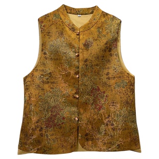 新中式国风马甲女桑蚕丝春秋新款立领缎面提花复古无袖外搭马夹