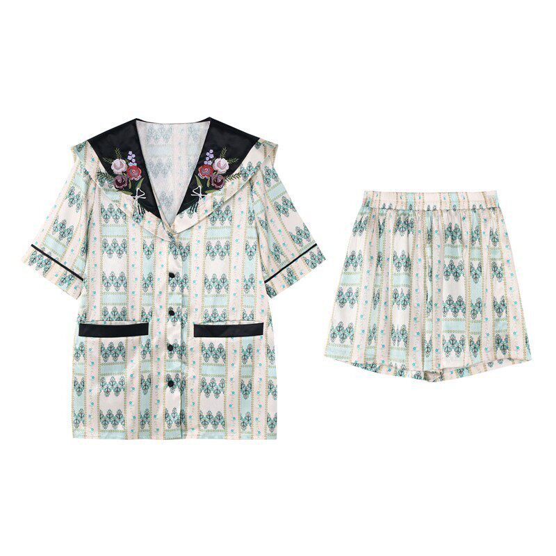 原创刺绣仿真丝冰丝睡衣套装女薄款短袖丝绸宽松两件套家居服夏新