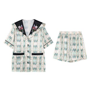 原创刺绣仿真丝冰丝睡衣套装女薄款短袖丝绸宽松两件套家居服夏新