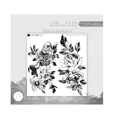 八百半甲花臂少女飞鸟黑灰纹身贴