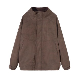 ALLIN 美式复古棕色外套男秋冬季美拉德加绒加厚宽松机车情侣夹克