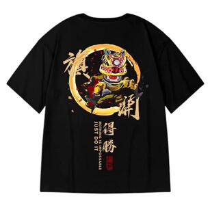 新款国潮短袖T恤中国风醒狮胖子男装潮牌ins潮流宽松加肥大码半袖
