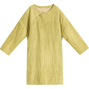 苎麻中长款棉衣棉服女冬季2025新款宽松复古棉麻女装夹棉加厚棉袍