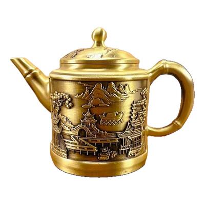 黄铜中国风山水茶壶仿古工艺品手把壶办公室茶道具铜器摆件