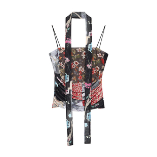 pusumede艺术感印花拼接/复古吊带背心女夏外穿小众针织网纱上衣