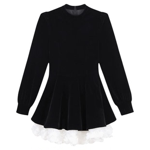 冬装连衣裙女秋冬季短款黑色长袖小黑裙优雅千金风蓬蓬裙气质新款