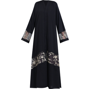 特大码连衣裙长袍女春秋宽松高端刺绣复古开衫外套黑色民族风袍子