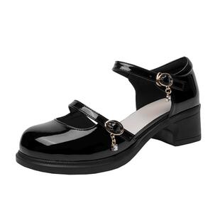 真皮包头凉鞋女款漆皮中空小皮鞋中年妈妈女士粗跟单鞋玛丽珍女鞋
